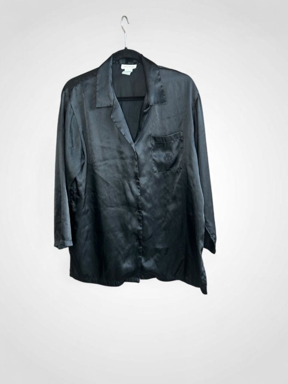 Jones New York Black Satin Blouse Relaxed Embroidered Logo Size Medium